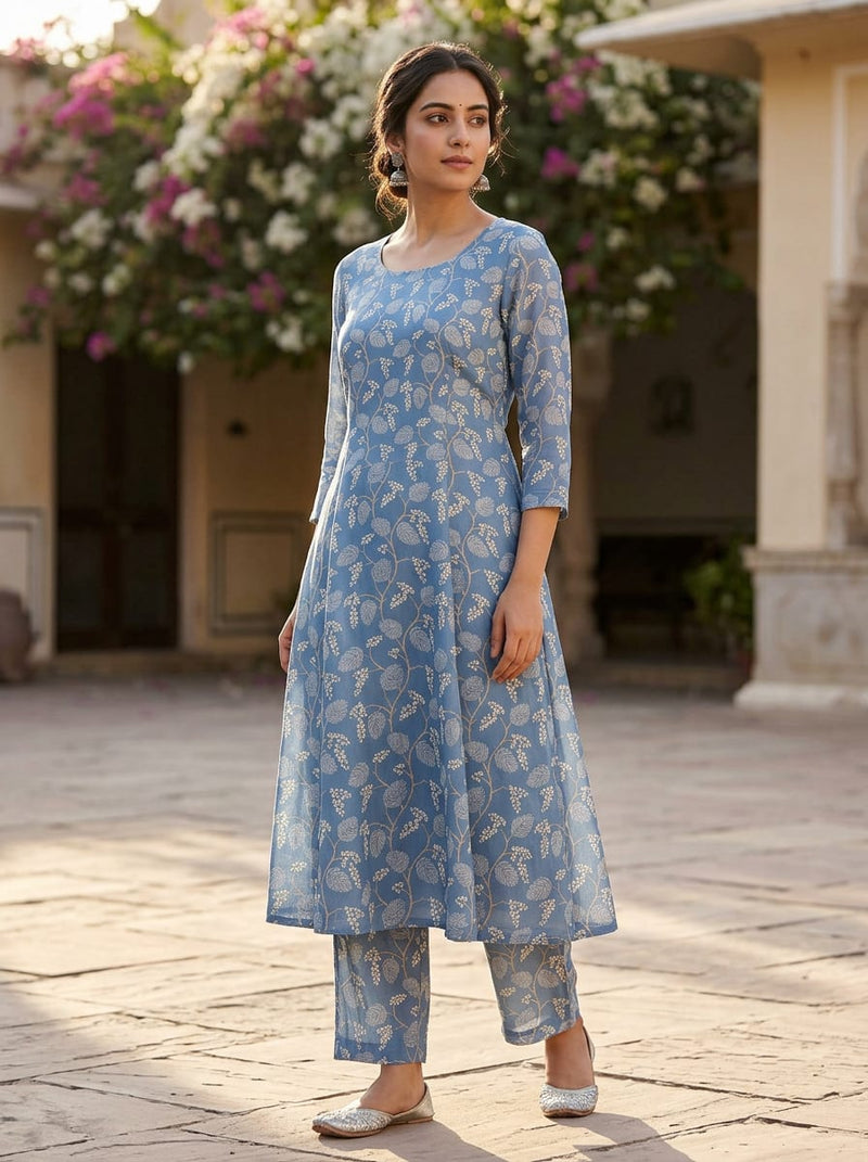 Blue Botanical Leaf Print Kora Silk Digital Printed Fabric