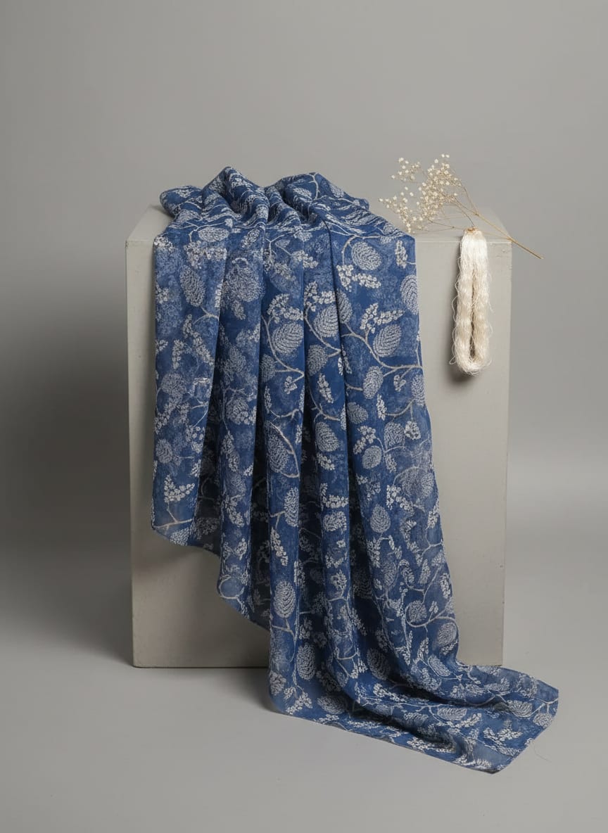 White Jasud Flower With Stalk Digital Printed Fabric - Weightless