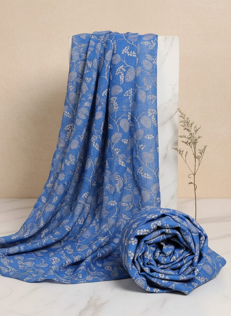White Jasud Flower With Stalk Digital Printed Fabric - Muslin