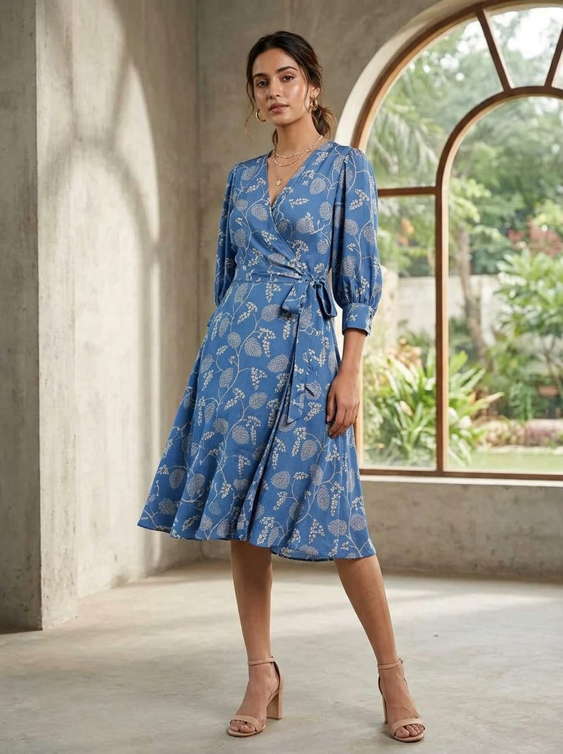 Blue Dainty Floral and Leaf Vine Silk Crepe Digital Printed Fabric