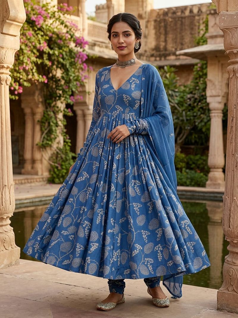 Blue Dainty Floral and Leaf Vine Silk Crepe Digital Printed Fabric