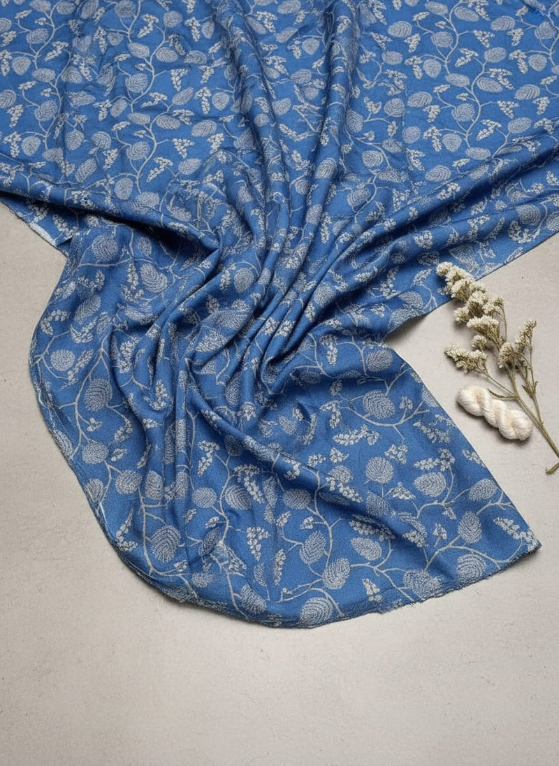 Blue Dainty Floral and Leaf Vine Silk Crepe Digital Printed Fabric