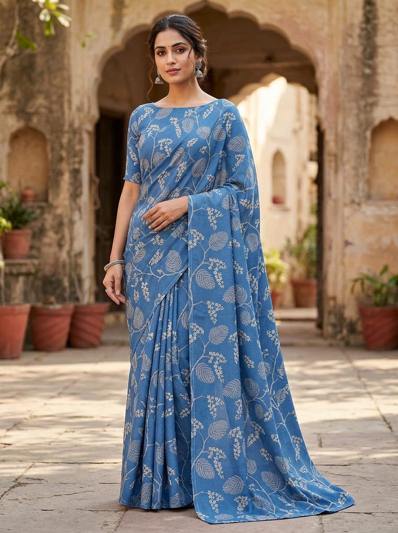 Blue Dainty Floral and Leaf Vine Silk Crepe Digital Printed Fabric