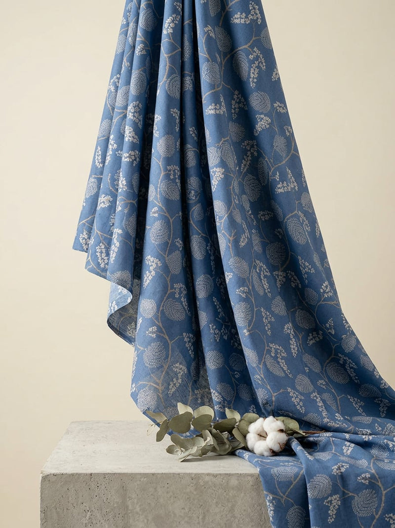 Blue Botanical Vine and Blossom Print Pure Cotton Digital Printed Fabric
