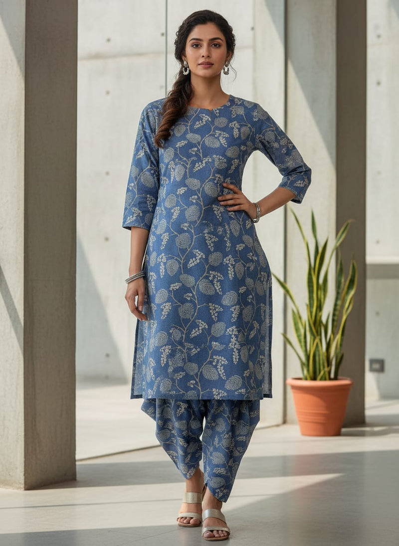 Blue Botanical Vine and Blossom Print Pure Cotton Digital Printed Fabric