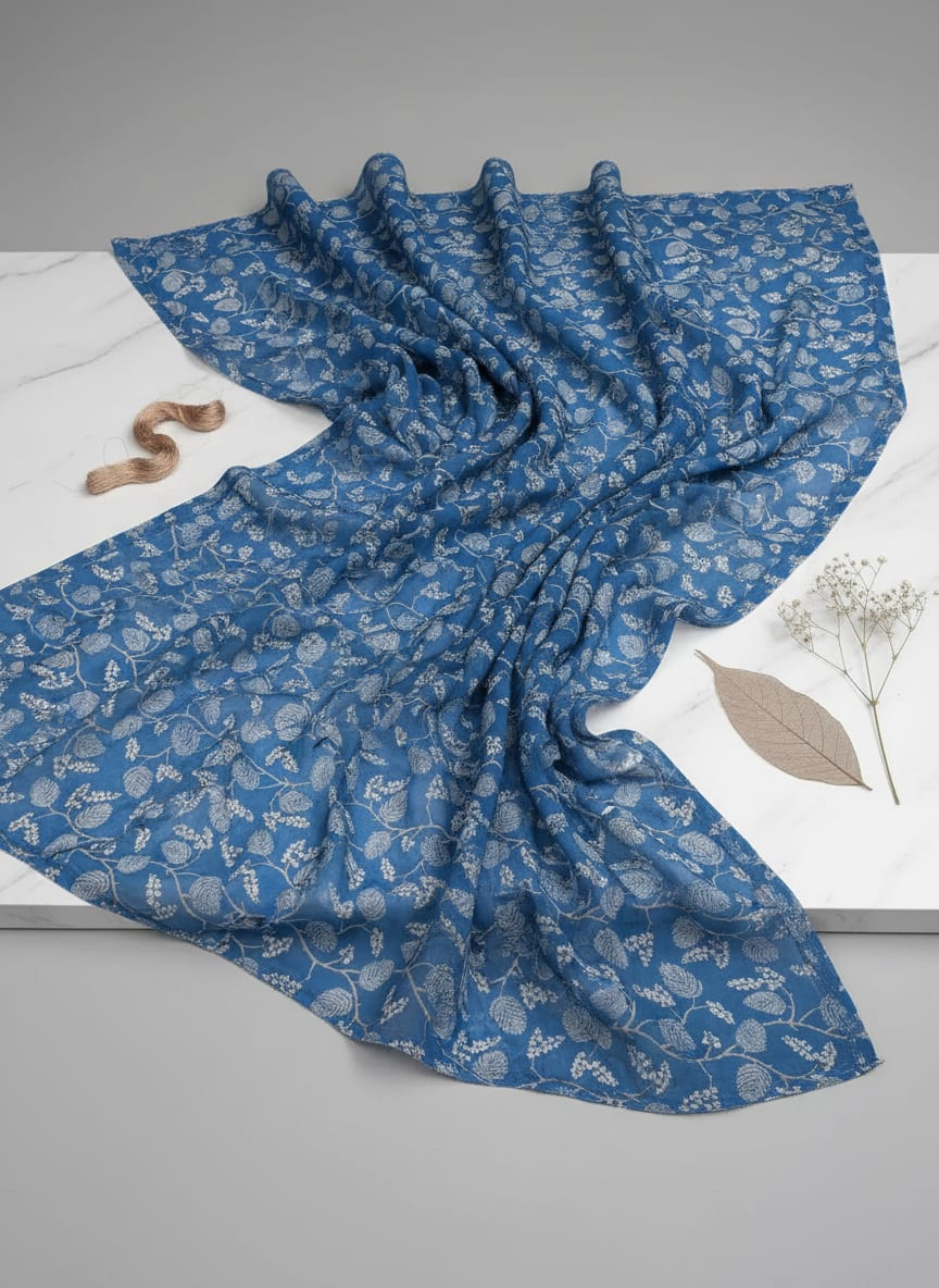 White Jasud Flower With Stalk Digital Printed Fabric - Pure Georgette