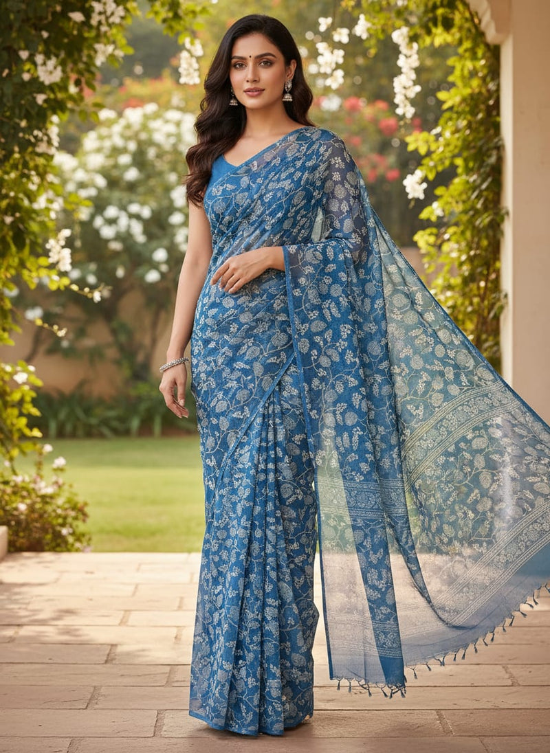 White Jasud Flower With Stalk Digital Printed Fabric - Pure Georgette