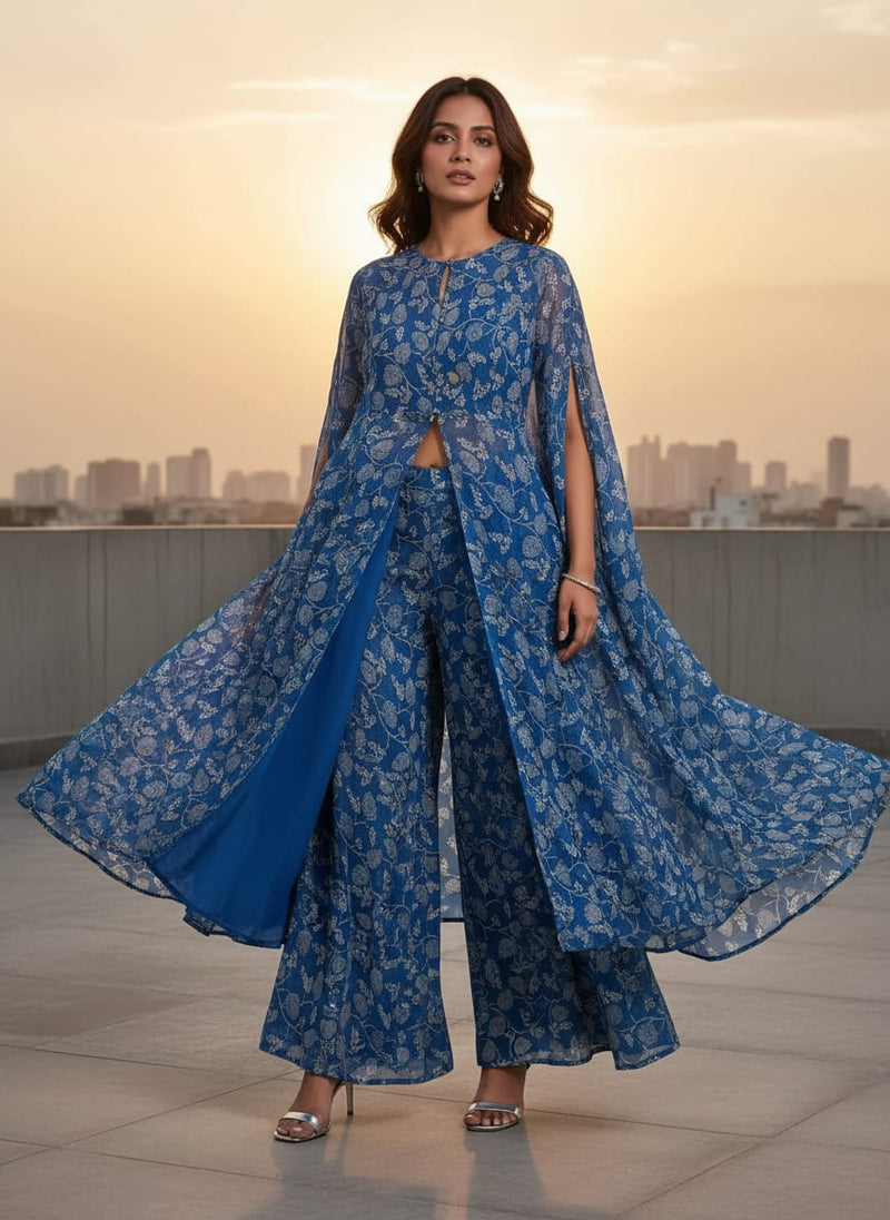 Blue Trailing Botanical Vine Pure Georgette Digital Printed Fabric