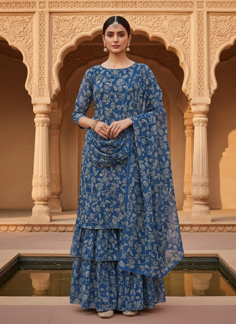 Blue Trailing Botanical Vine Pure Georgette Digital Printed Fabric