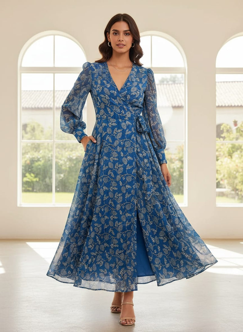 Blue Trailing Botanical Vine Pure Georgette Digital Printed Fabric