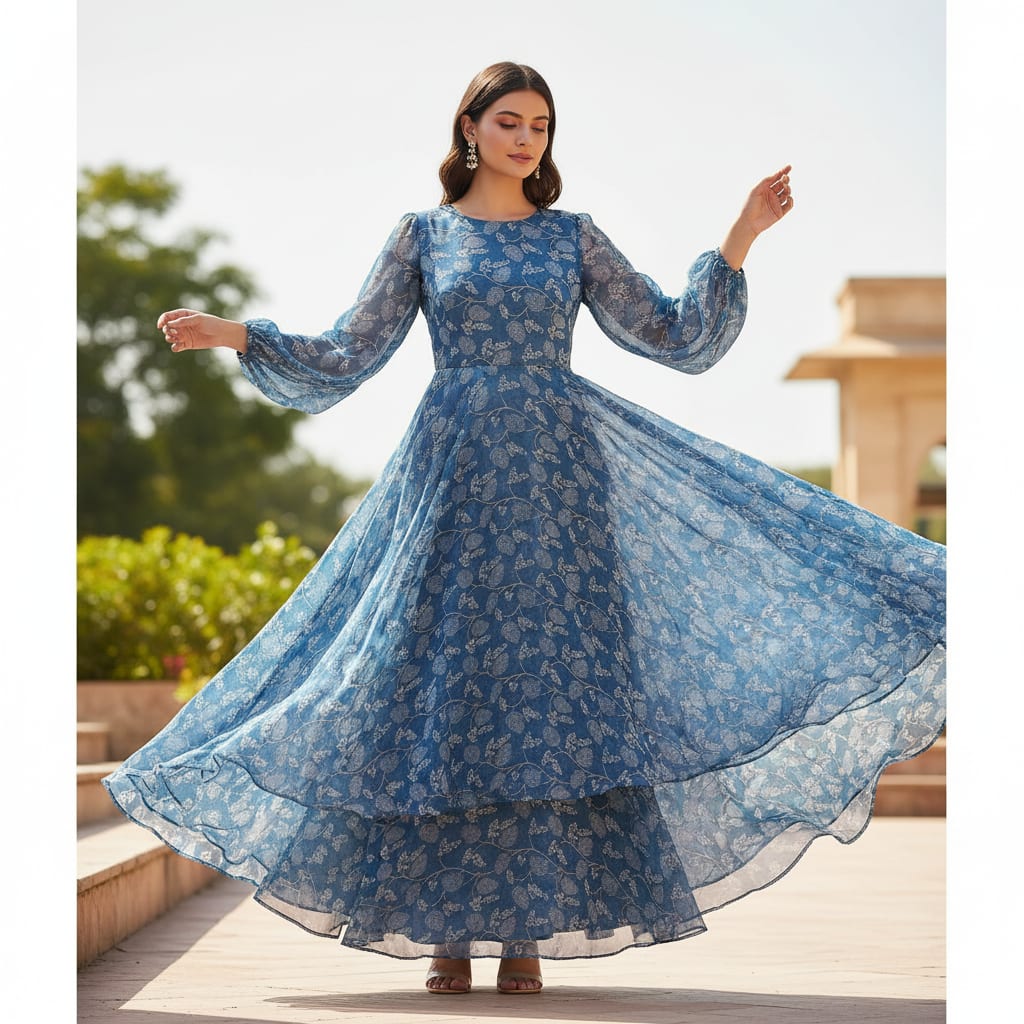 White Jasud Flower With Stalk Digital Printed Fabric - Pure Chiffon