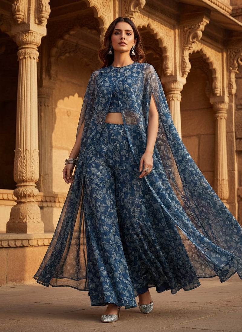 White Jasud Flower With Stalk Digital Printed Fabric - Pure Chiffon