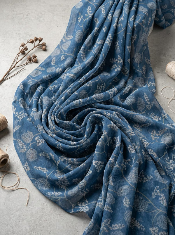 Blue Trailing Botanical Vine Print Pure Chiffon Digital Printed Fabric - Fabric Editorial Studio Flatlay Lookbook - PCH-0-MA02863P3-96