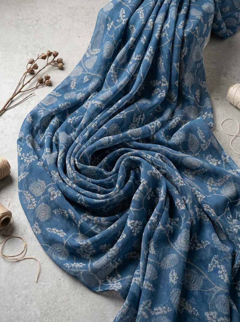 Blue Trailing Botanical Vine Print Pure Chiffon Digital Printed Fabric