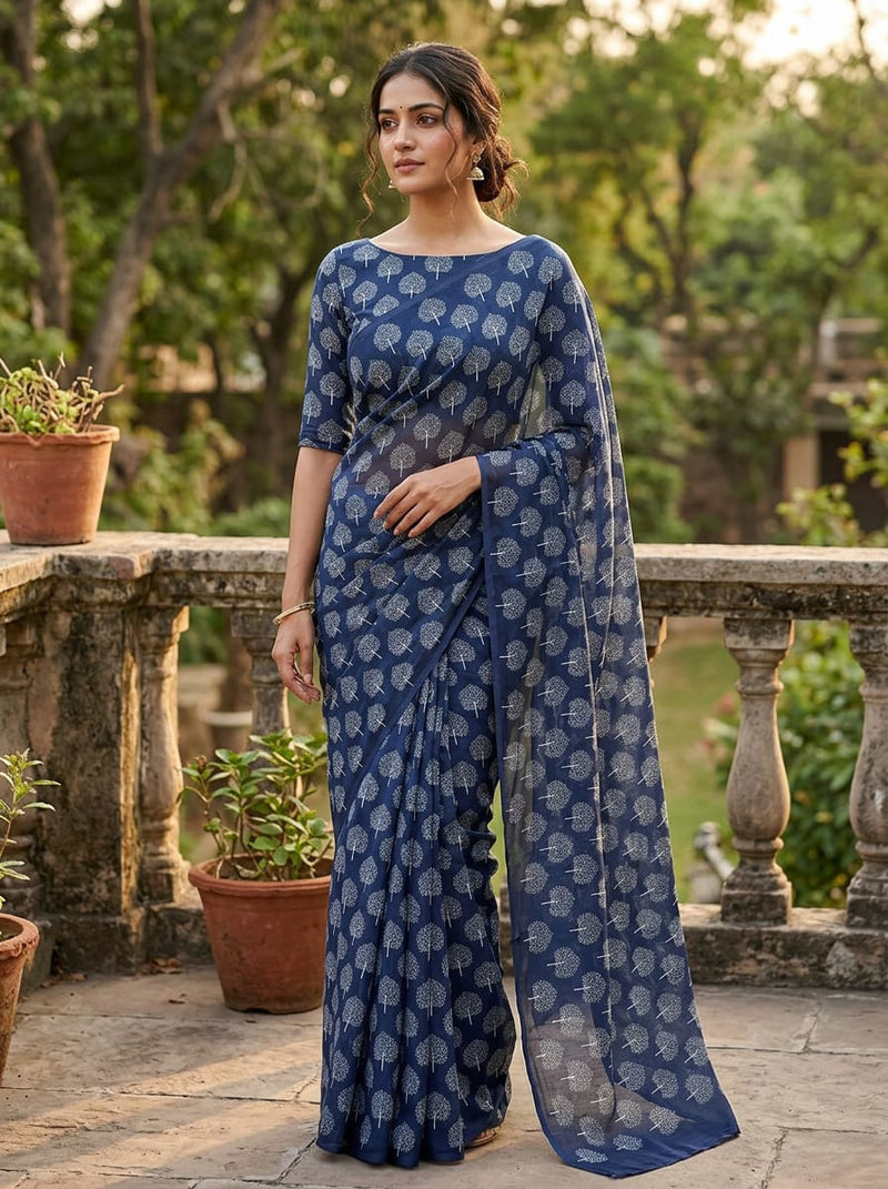 Navy Ethnic Botanical Tree Print Kora Silk Digital Printed Fabric