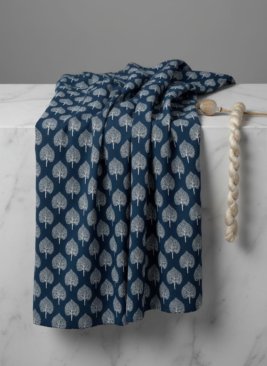 Navy Ethnic Tree Motif Weightless Digital Printed Fabric