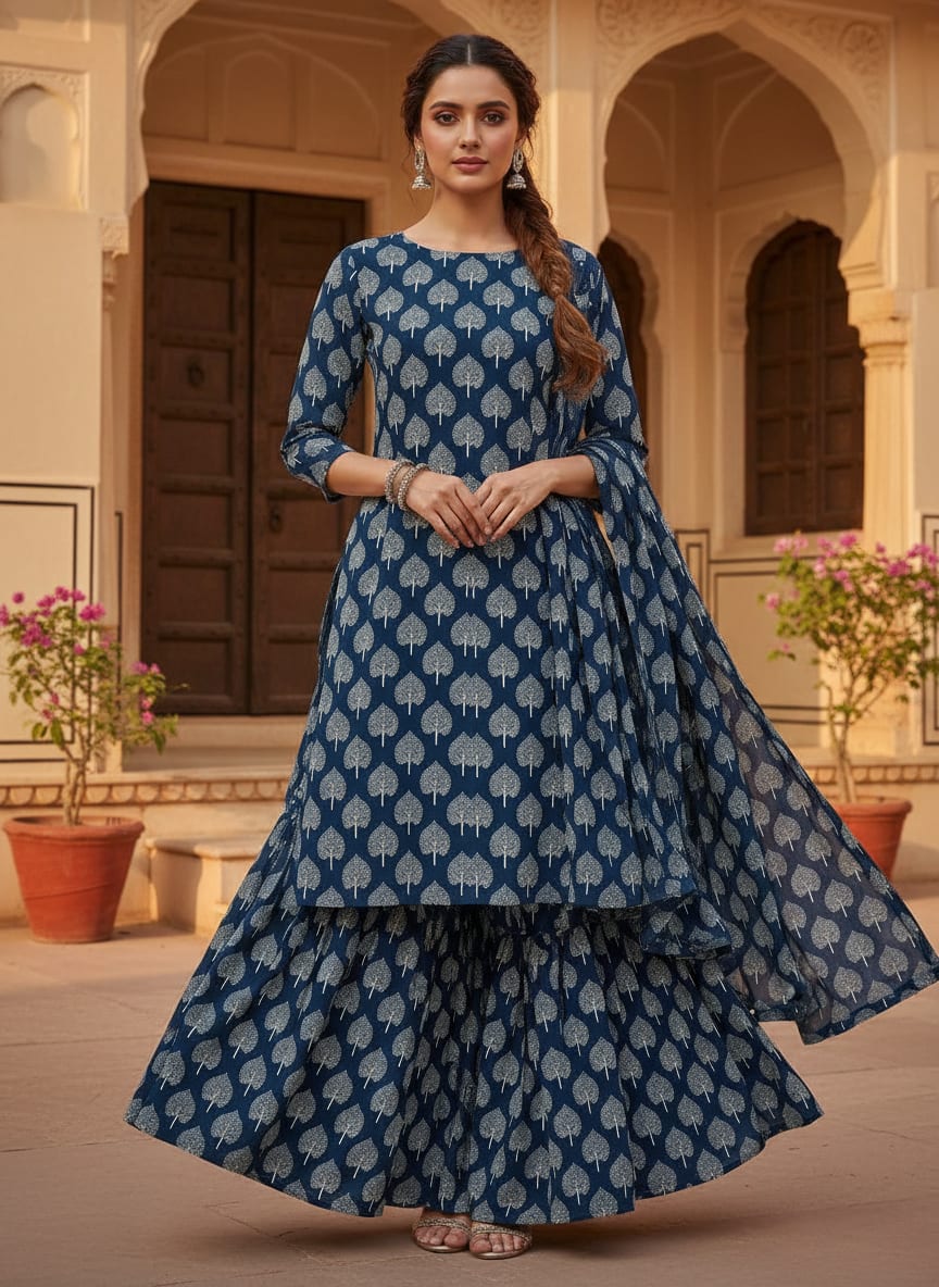 Navy Ethnic Tree Motif Weightless Digital Printed Fabric