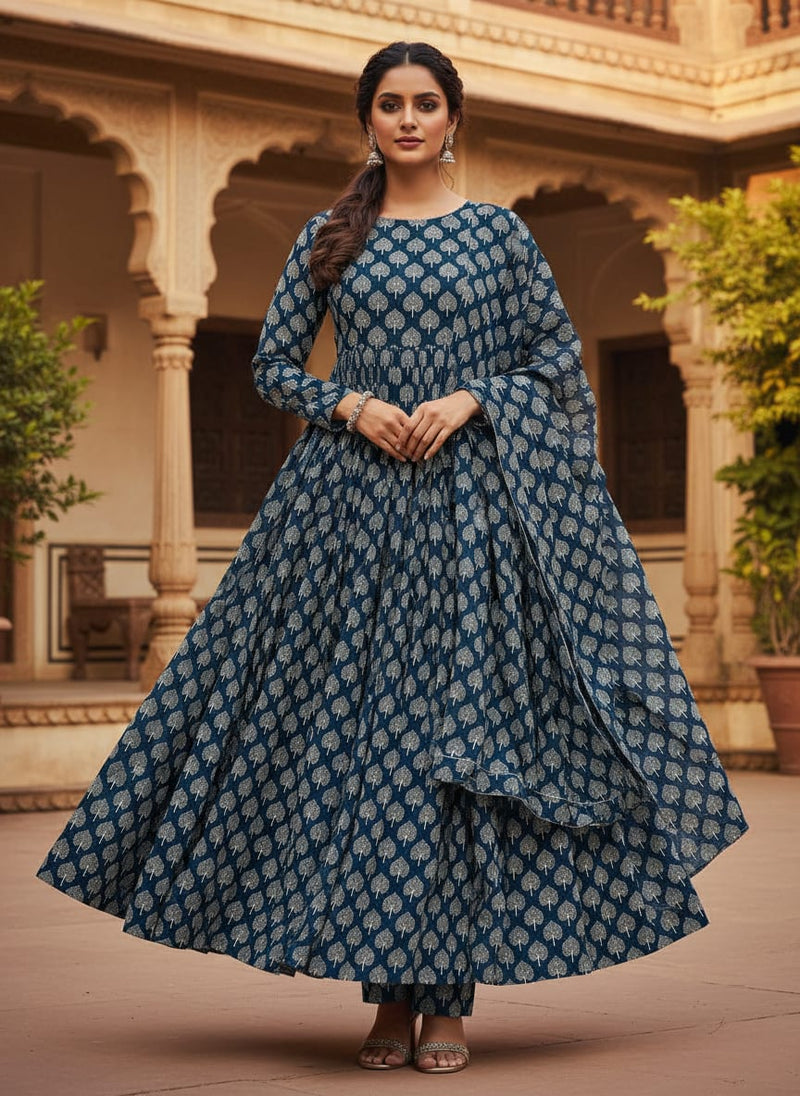 Navy Ethnic Tree Motif Weightless Digital Printed Fabric