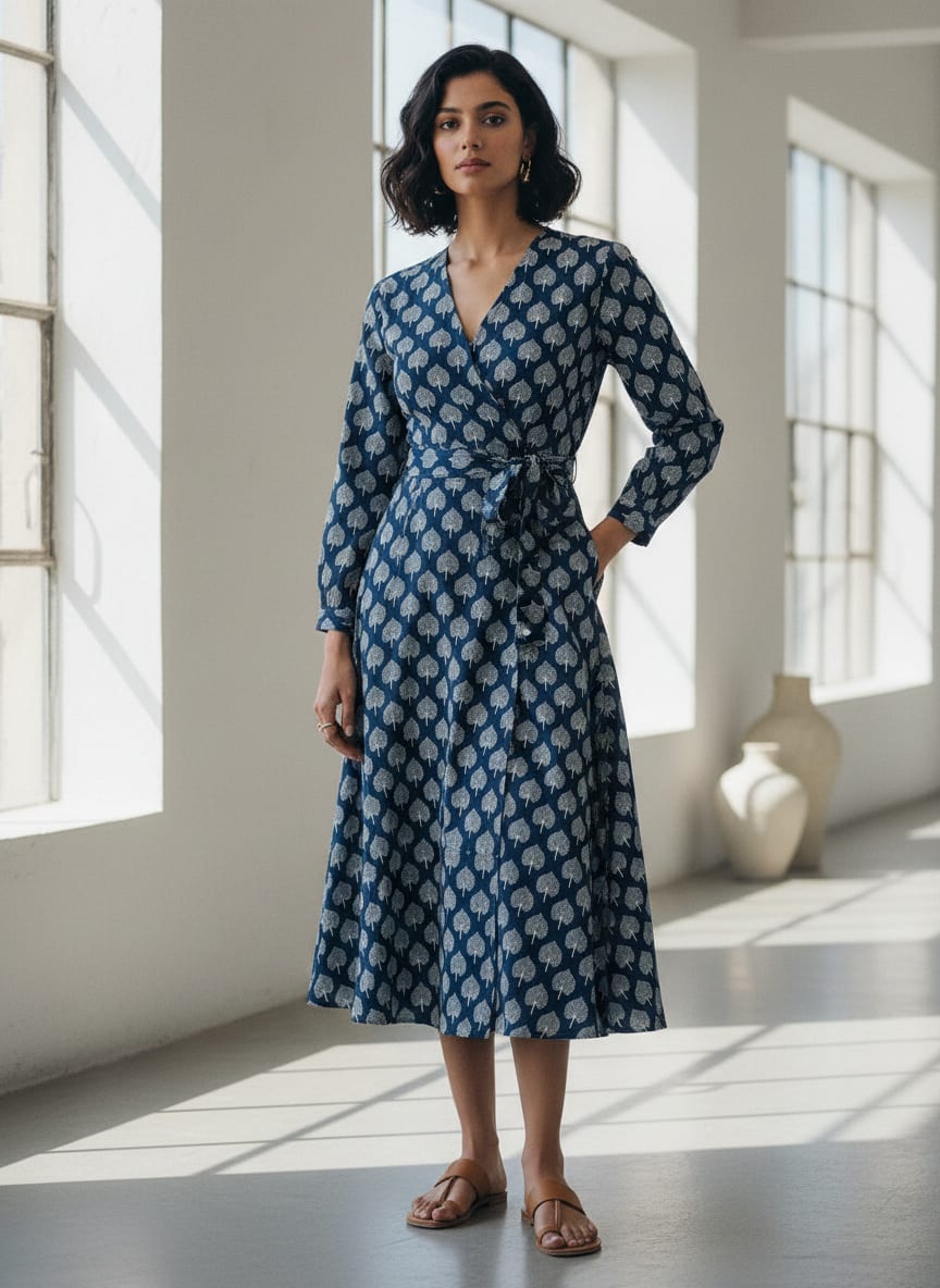 Navy Ethnic Tree Motif Weightless Digital Printed Fabric