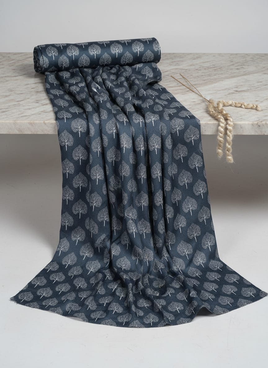 Navy Botanical Tree Print Silk Crepe Digital Printed Fabric