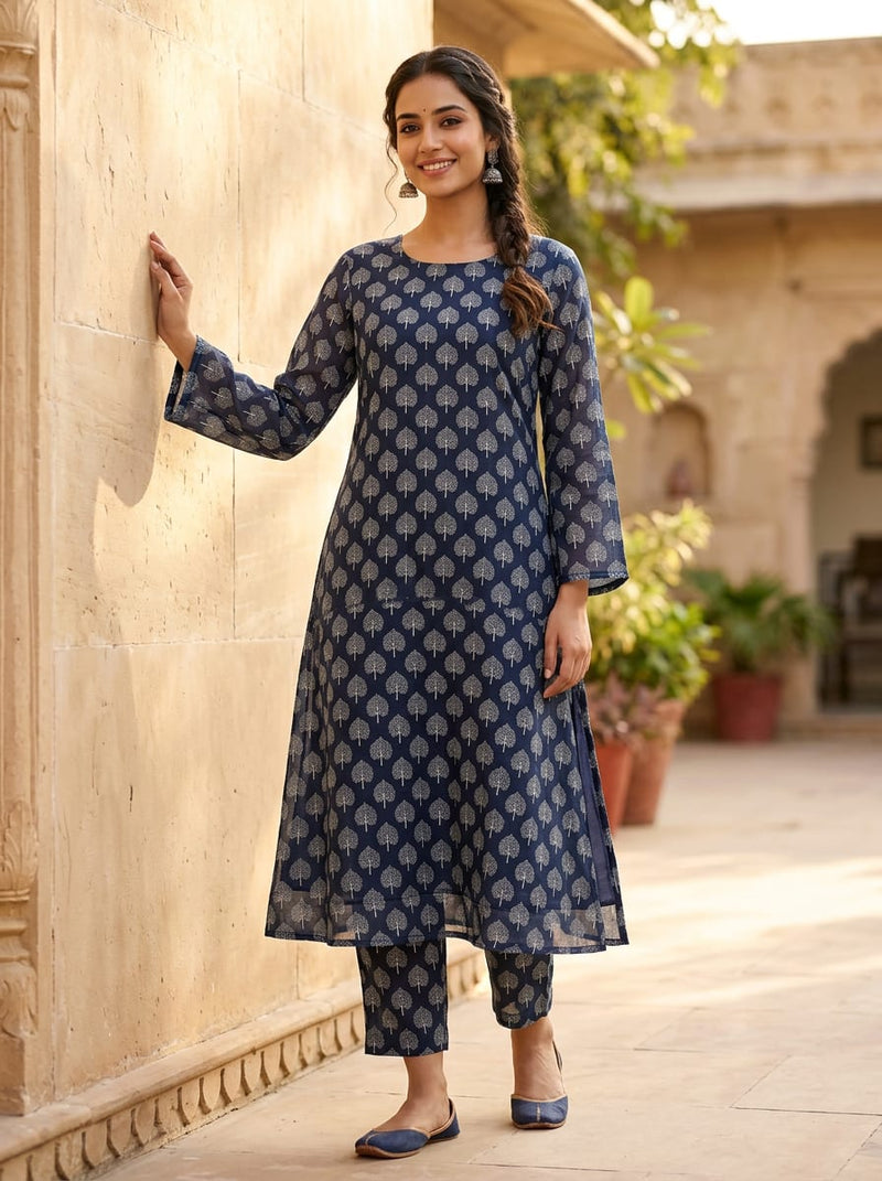 Navy Ethnic Peepal Tree Motif Pure Muslin Digital Printed Fabric