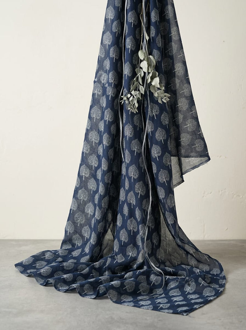 Navy Ethnic Peepal Tree Motif Pure Muslin Digital Printed Fabric
