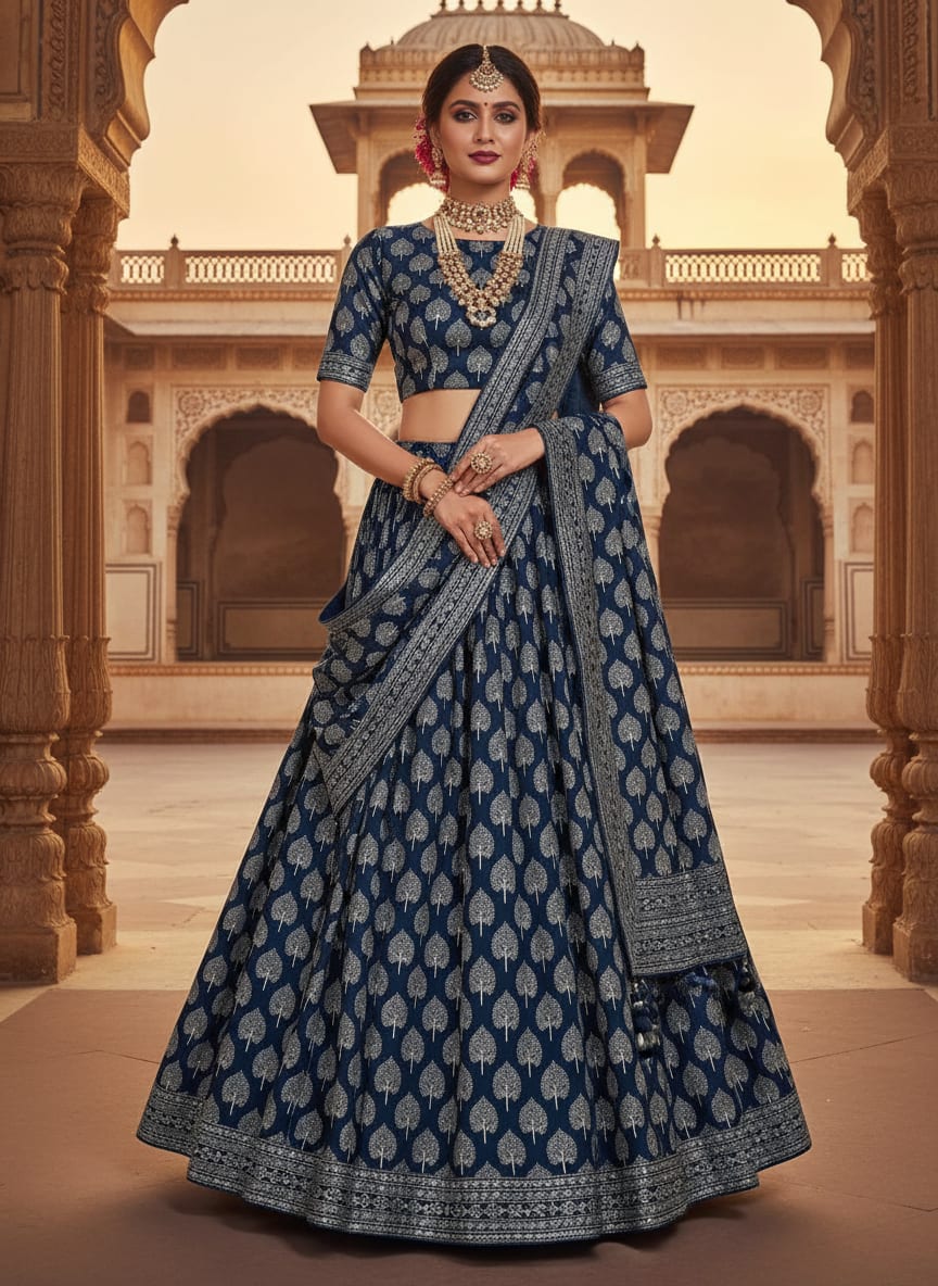 Navy Ethnic Bodhi Tree Motif Upada Silk Digital Printed Fabric