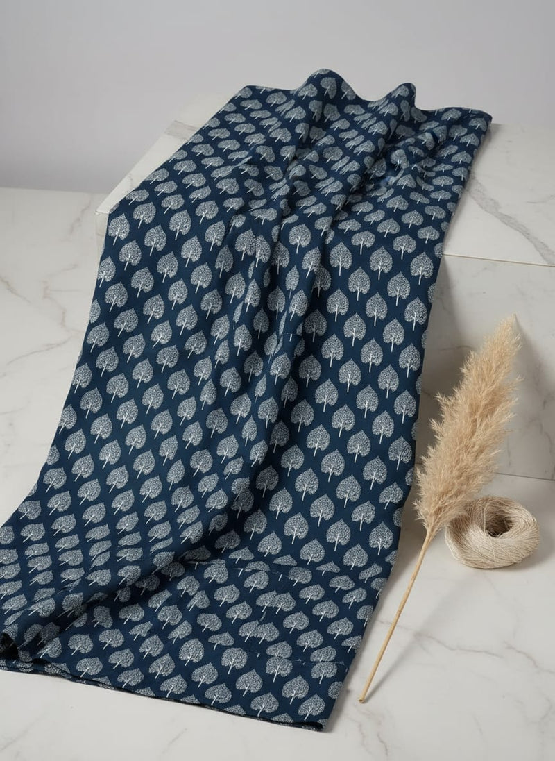 Navy Ethnic Bodhi Tree Motif Upada Silk Digital Printed Fabric