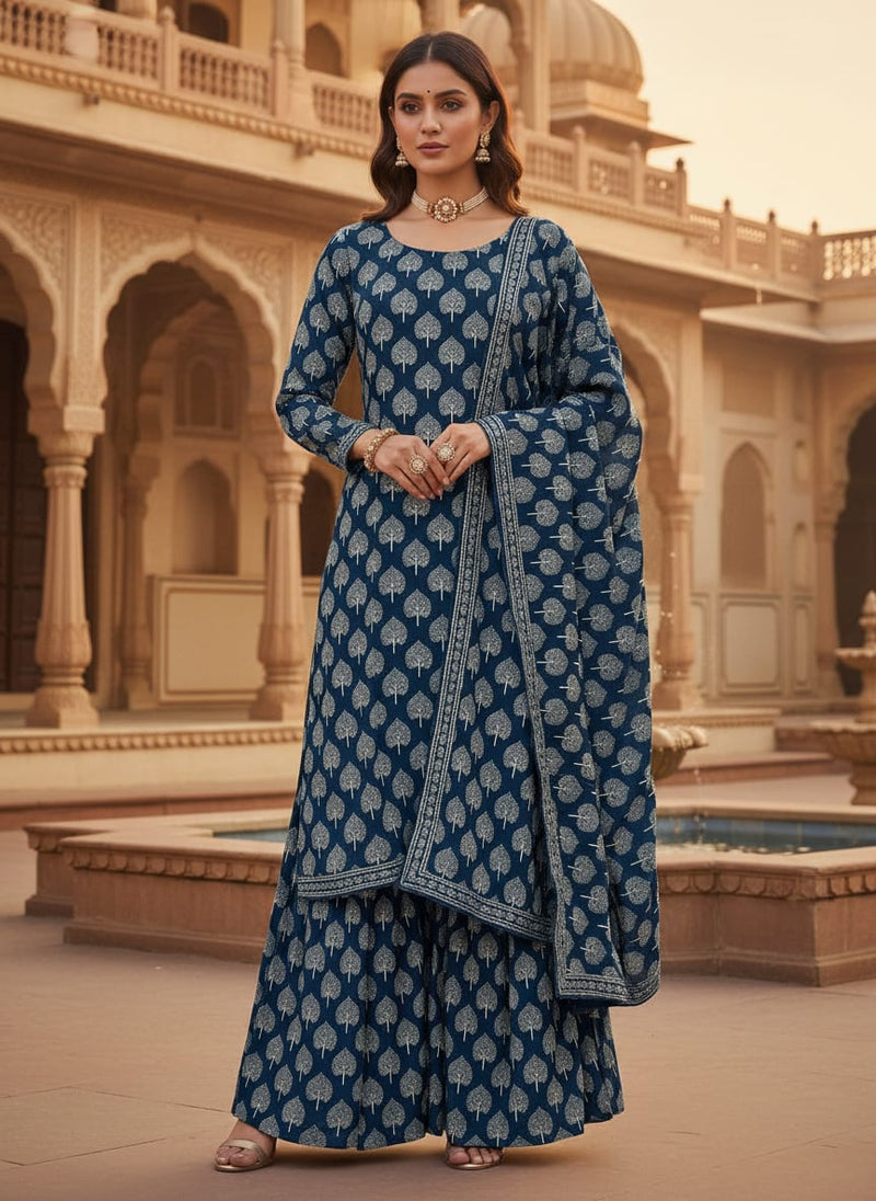 Navy Ethnic Bodhi Tree Motif Upada Silk Digital Printed Fabric