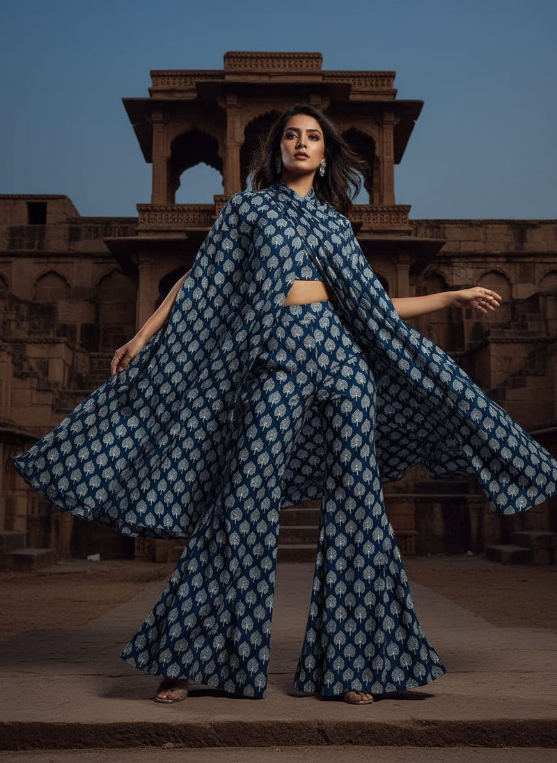 Navy Ethnic Bodhi Tree Motif Upada Silk Digital Printed Fabric