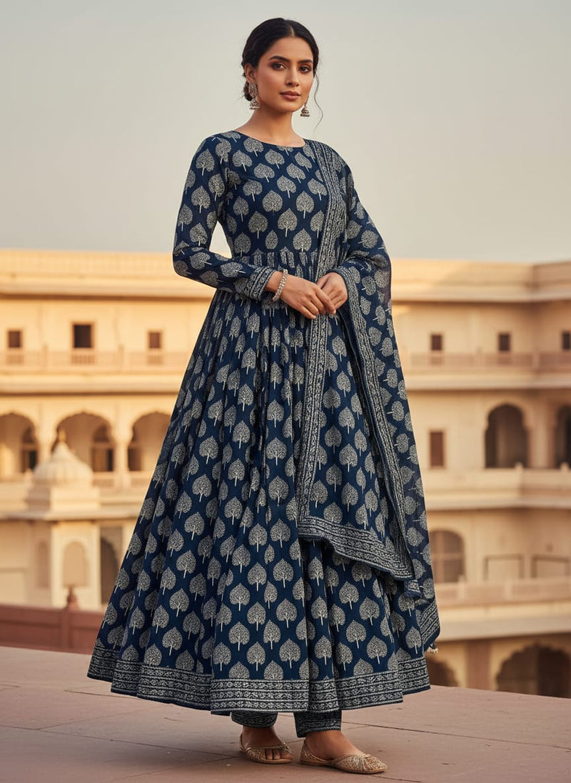 Navy Ethnic Bodhi Tree Motif Upada Silk Digital Printed Fabric