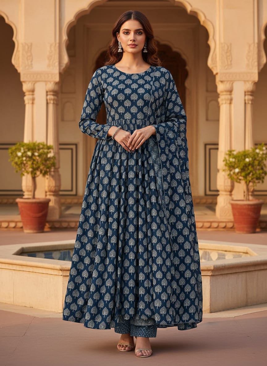 Navy Ethnic Bodhi Tree Motif Upada Silk Digital Printed Fabric