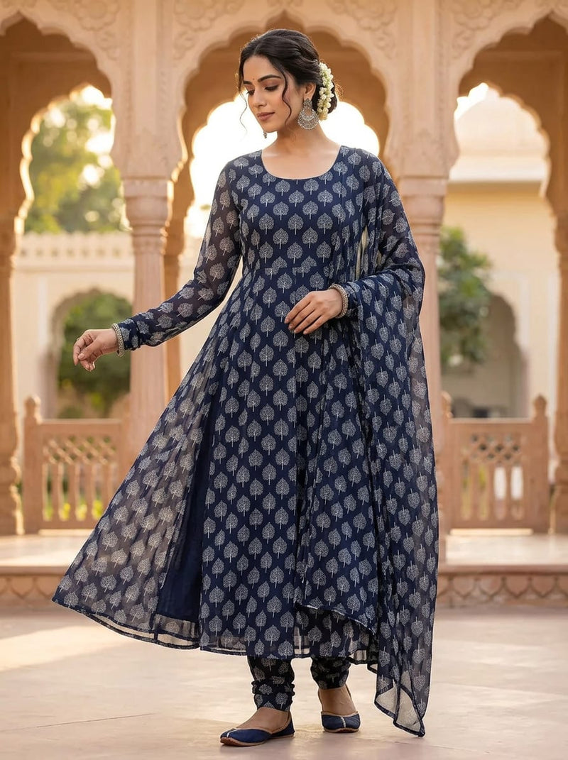 Navy Ethnic Tree Motif Pure Georgette Digital Printed Fabric