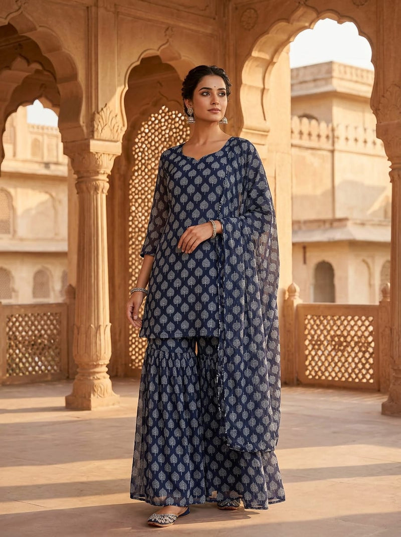 Navy Ethnic Tree Motif Pure Georgette Digital Printed Fabric