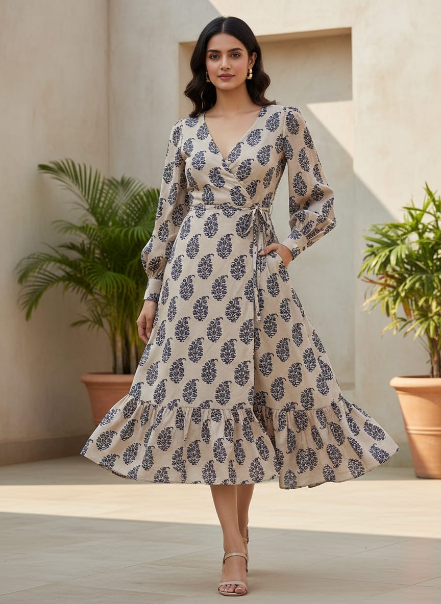 Block Print Motif Digital Printed Fabric - Tusser Silk