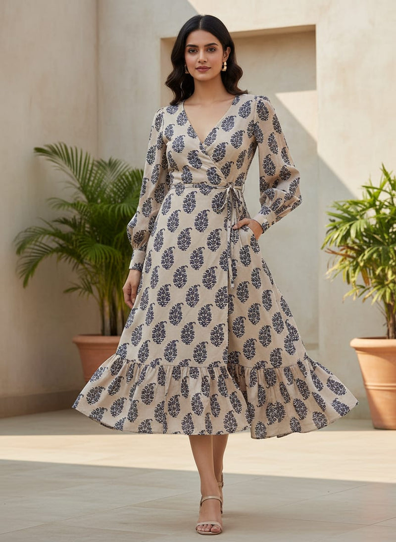 Block Print Motif Digital Printed Fabric - Tusser Silk