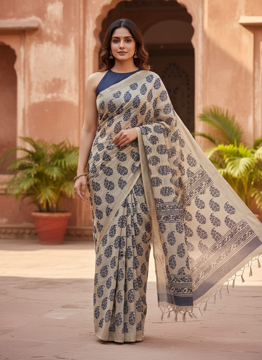 Cream Traditional Ethnic Buti Floral Tusser Silk Digital Printed Fabric