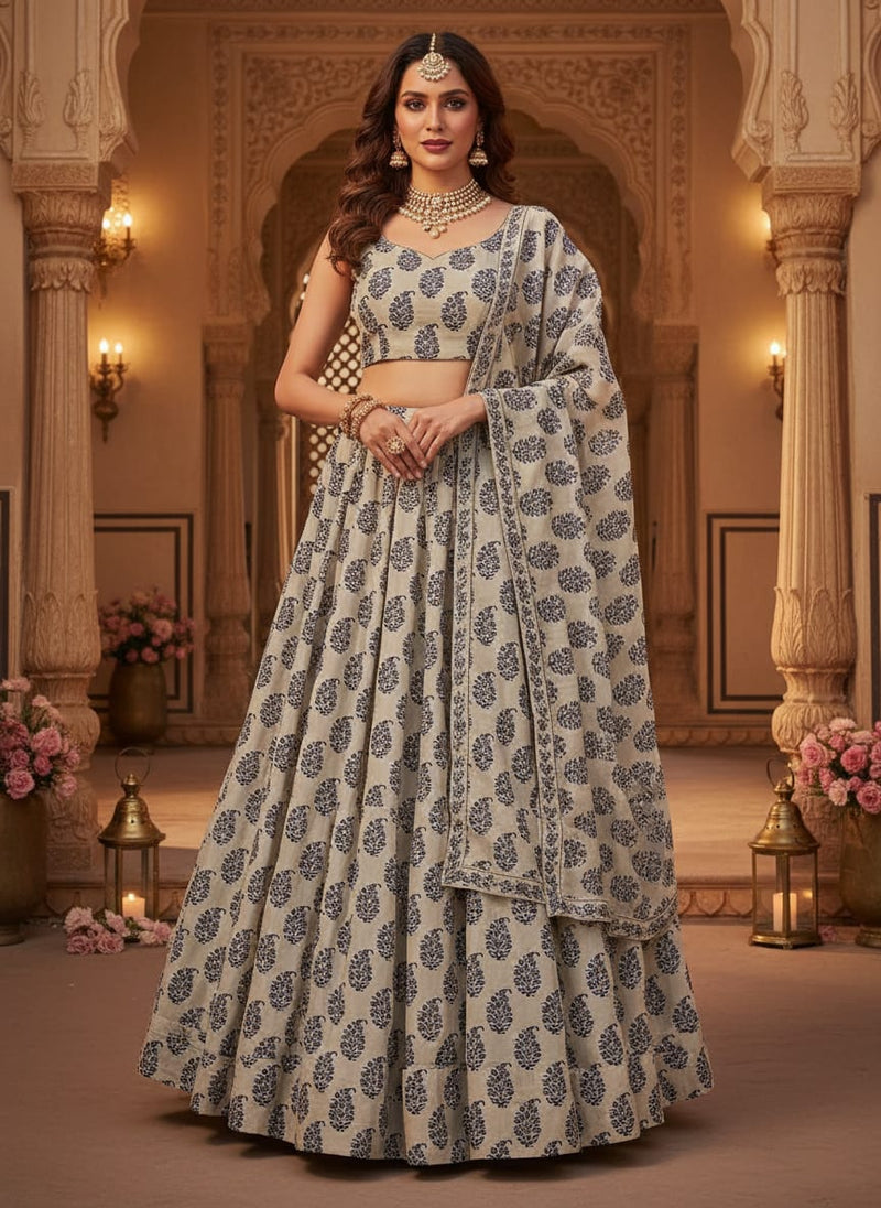 Cream Ethnic Floral Buti Print Kora Silk Digital Printed Fabric