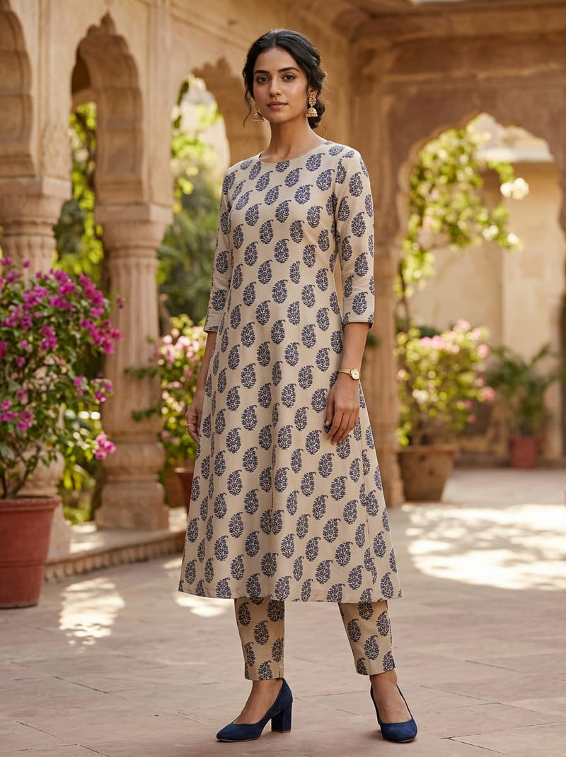 Cream Ethnic Floral Buti Print Kora Silk Digital Printed Fabric