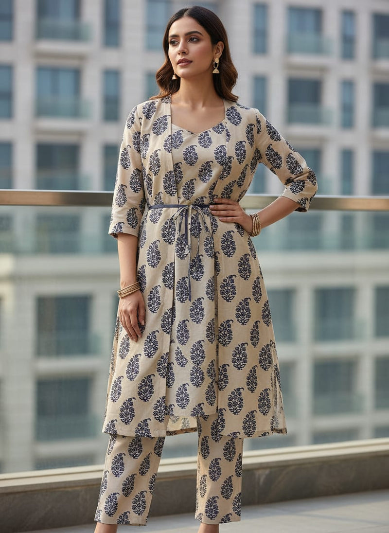 Cream Ethnic Floral Buti Print Kora Silk Digital Printed Fabric