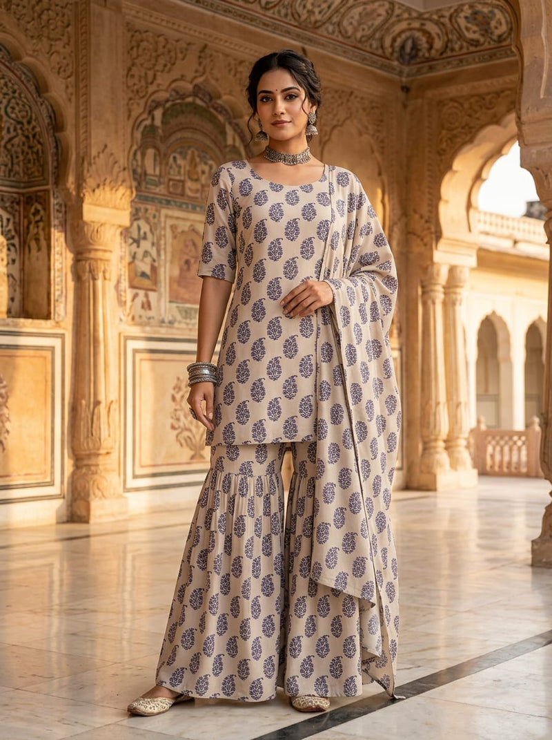 Cream and Navy Ethnic Floral Butta Weightless Digital Printed Fabric