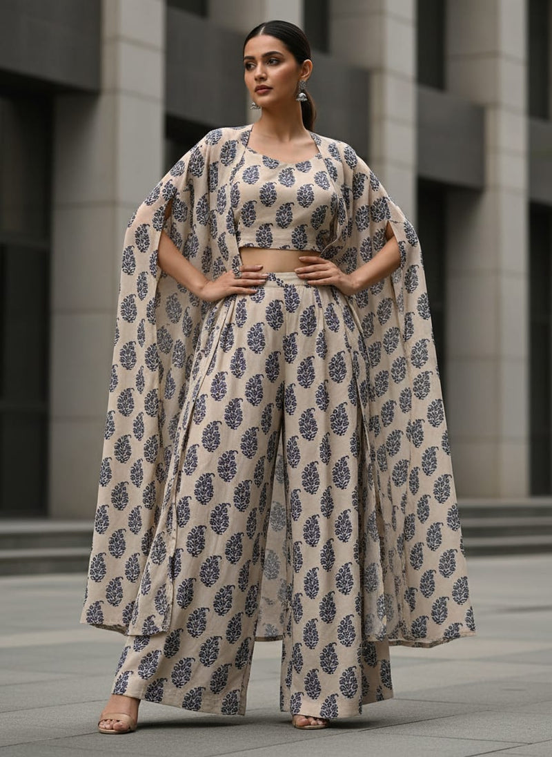 Cream and Navy Ethnic Floral Butta Weightless Digital Printed Fabric