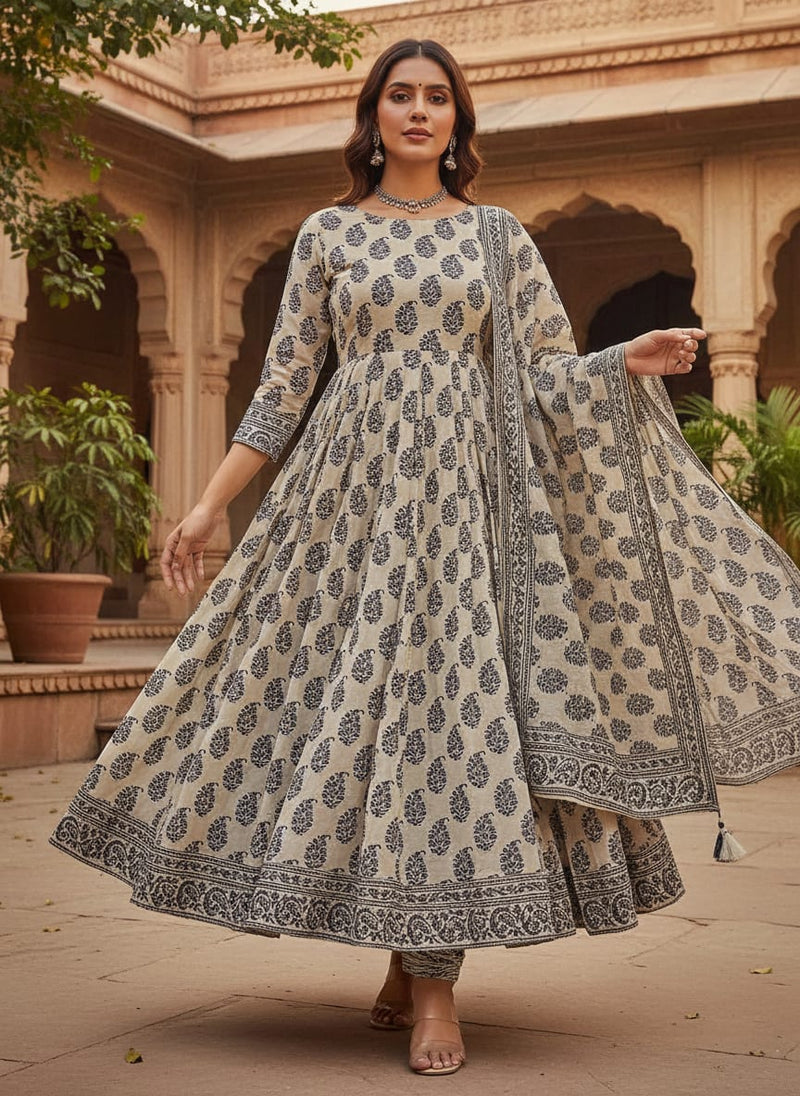 Cream and Navy Ethnic Floral Butta Weightless Digital Printed Fabric