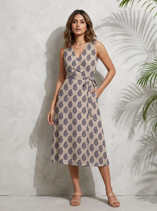 Cream and Navy Ethnic Floral Butta Weightless Digital Printed Fabric - Wrap Dress Lookbook - WE-0-MA03105P4-110 - alternate view