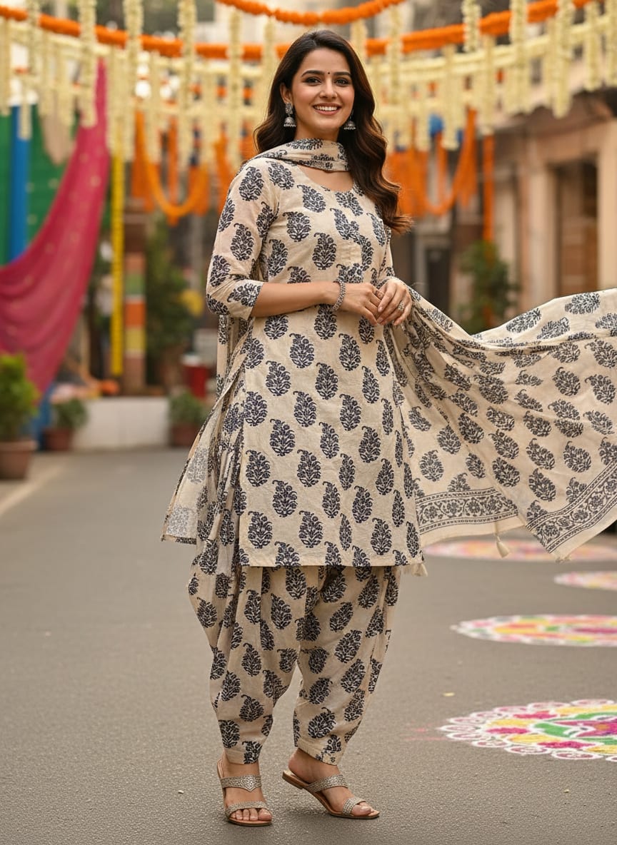 Cream Ethnic Floral Buti Print Pure Cotton Digital Printed Fabric