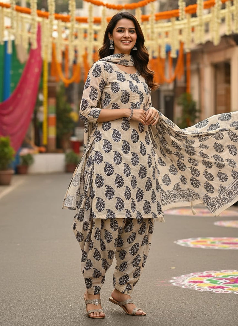 Cream Ethnic Floral Buti Print Pure Cotton Digital Printed Fabric