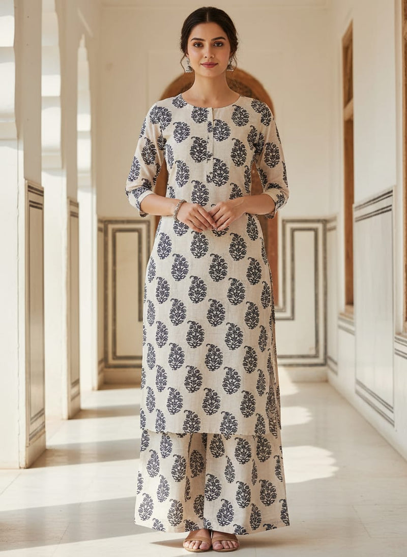 Cream Ethnic Floral Buti Print Pure Cotton Digital Printed Fabric