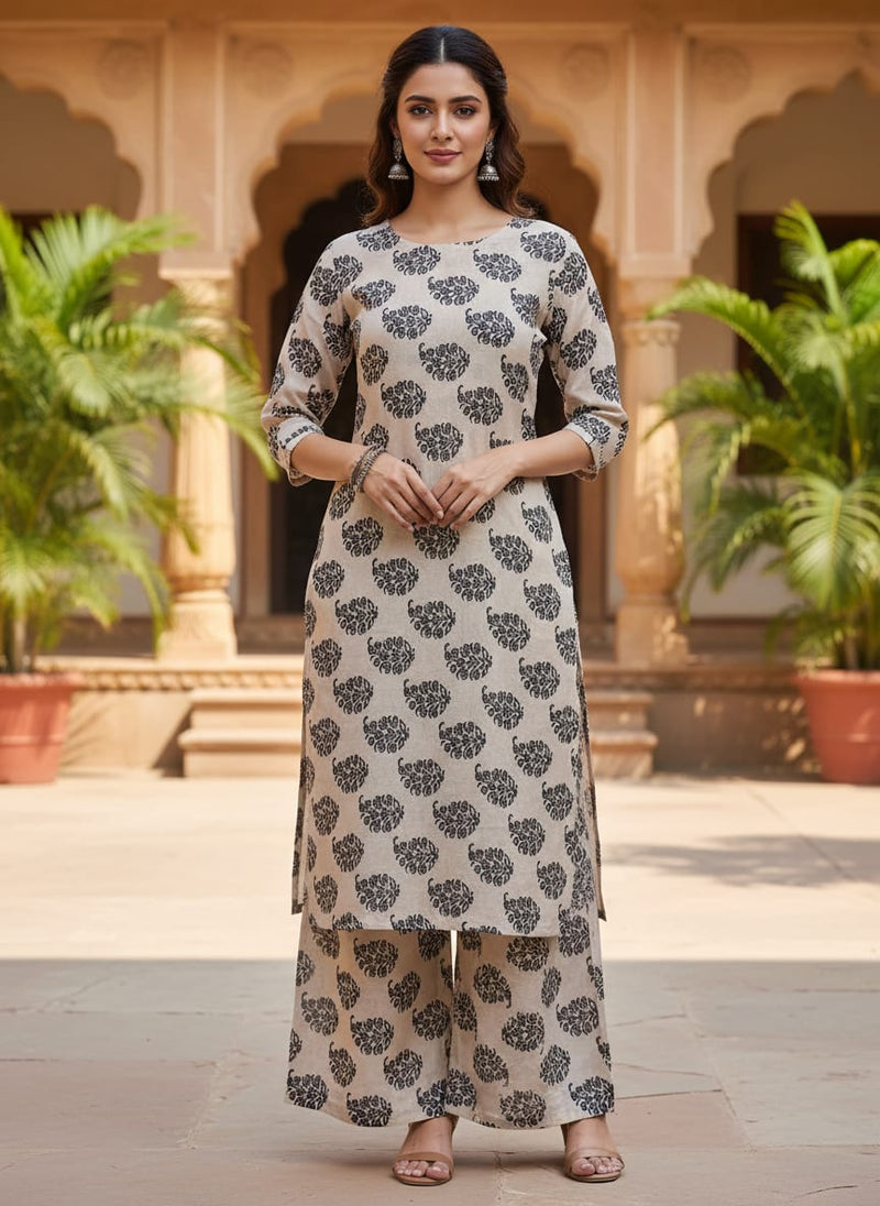 Cream Ethnic Botanical Buti Pure Muslin Digital Printed Fabric