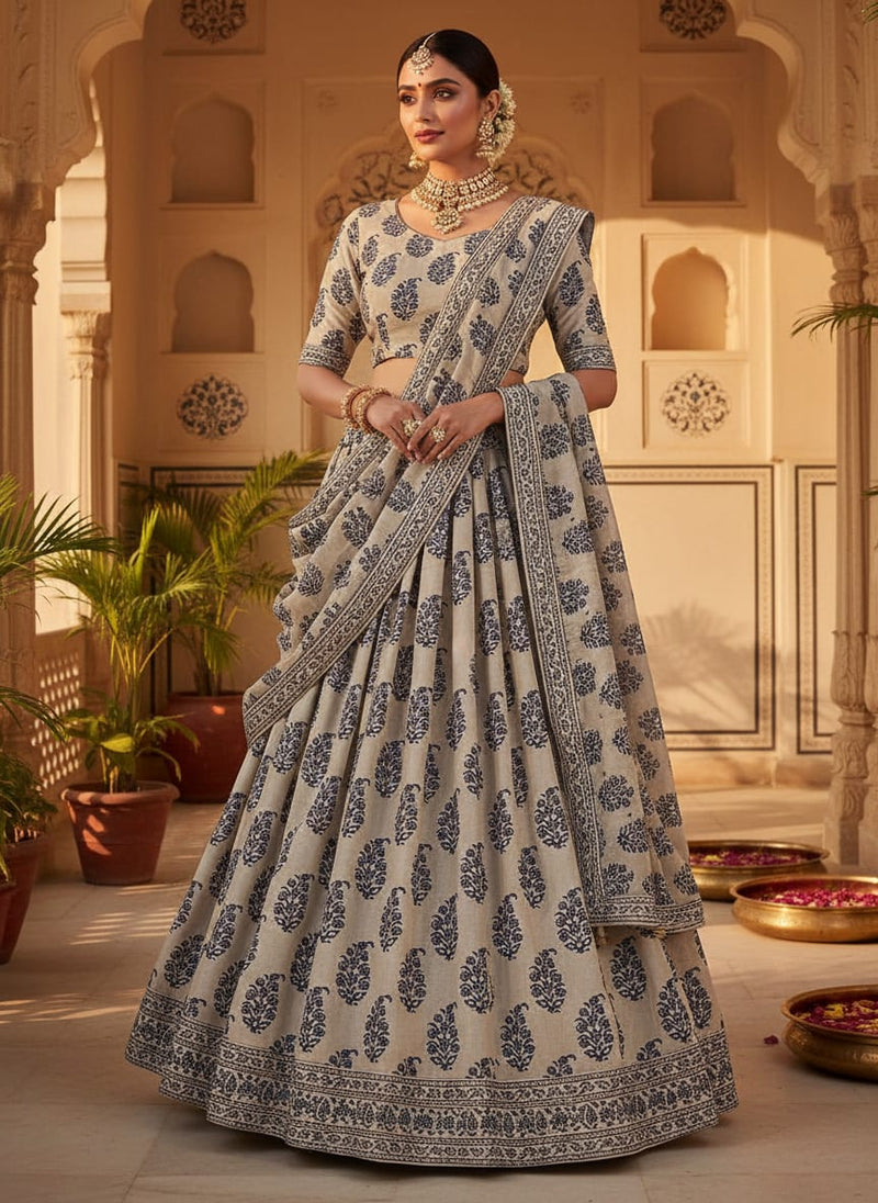 Cream Traditional Ethnic Buta Upada Silk Digital Printed Fabric