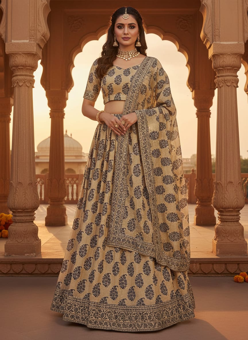 Cream Traditional Ethnic Buta Upada Silk Digital Printed Fabric